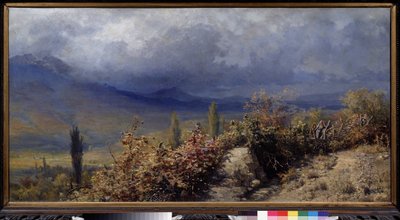 Näkymä Krimille syksyllä (Syksyn näkymä Krimille). Grigori (Grigoriy, Grigory) Grigorjevitš Myasojedovin (Myasoedov, Miasoedov) maalaus (1834-1911), öljy kankaalle tekijältä Grigori Grigoryevich Myasoedov