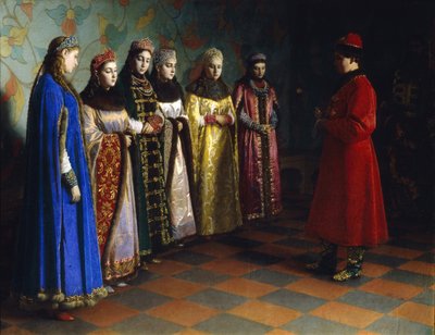 Tsaari Aleksei Mihailovich valitsi morsiamen, 1882 tekijältä Grigori Semenovich Sedov
