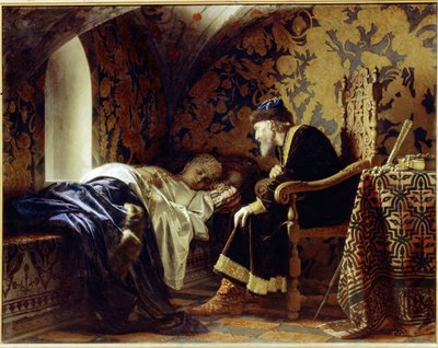 Vasilissa Melentieva (kuoli 1579) ja tsaari Ivan IV Kamala (1530-1584). (Vasilisa Melentyevna ja tsaari Ivan Kamala). Nuori ja kaunis nainen, tsaarin kuudes vaimo, nukkuu penkillä Ivan Terrin lempeän katseen alla tekijältä Grigori Semenovich Sedov