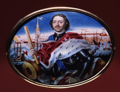 Keisari Pietari I Suuren (1672-1725) muotokuva, josta on näkymä Pietarin ja Pyhän Paavalin linnoitukselle Pietarissa. (Keisari Pietari I:n muotokuva näköalalla Pietarin ja Paavalin linnoitukselle Pietarissa). Taideteos Grigori Semjonovich Mu tekijältä Grigori Semyonovich Musiklysky