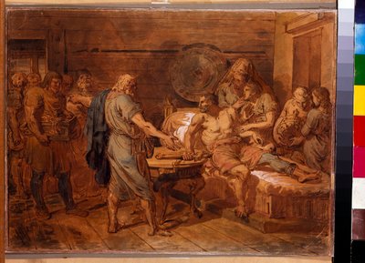Kuzma Mininin (kuoli 1616) vetoomus prinssi Dmitri Pozharskiin (1577-1642) - Grigori Ivanovich Ugryumovin (Ugrioumov) (1764-1823) teos, akvarelli ja valkoinen paperille, noin 1800 (31,6x42 cm) - Vetous Mininille prinssi Dmitri Pozharsky, Wat tekijältä Grigoriy Ivanovich Ugryumov