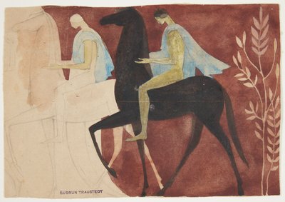 Kaksi nuorta hevosen selässä. Luonnos huoneen sisustus tekijältä Gudrun Traustedt
