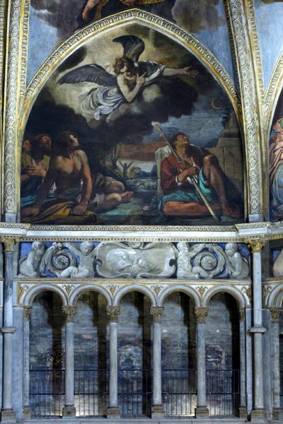 Fresko, joka kuvaa julistusta paimenille. tekijältä Guercino (1591-1666)