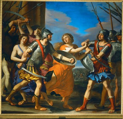 Hersilia erottaa Romuluksen ja Tatiuksen, Sabilaisten kuninkaan ... tekijältä Guercino (1591-1666)