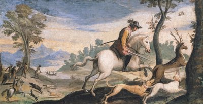 Metsästys peuroja ja villisia, Giovanni Francesco Barbieri, joka tunnetaan nimellä Guercino (1591-1666), fresko, 53x101 cm tekijältä Guercino