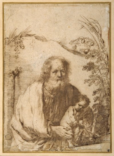 Pyhä Joosef ja Kristus-lapsi tarttumassa omenapuun oksaan (kynä ja muste paperille) tekijältä Guercino