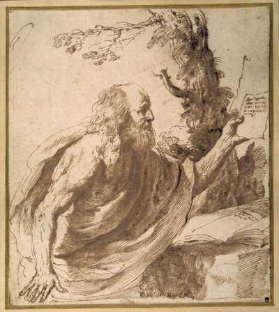 Pyhä lukeva erämaassa (kynä ja muste paperille) tekijältä Guercino