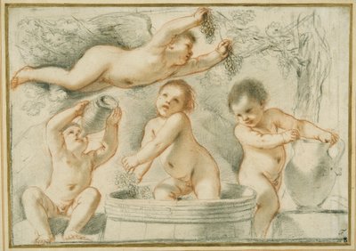 Viininvalmistuksen allegoria (punaiset ja mustat liidut musteella paperille) tekijältä Guercino
