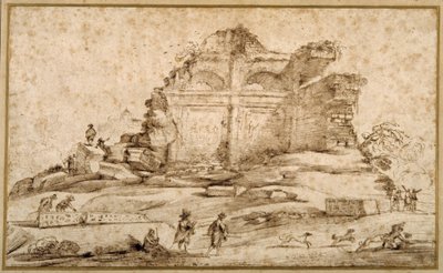 Maisema klassisten raunioiden ja koirien hyökkäämän nuoruuden kanssa (kynä ja muste paperille) tekijältä Guercino