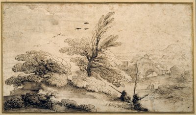 Maisema, jossa kaksi kalastajaa lepäämässä (kynä ja muste paperille) tekijältä Guercino