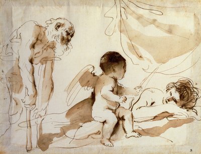 Mies kainalosauvoilla, Amor ja Nukkuva Venus (kynä, muste ja pesu paperille) tekijältä Guercino