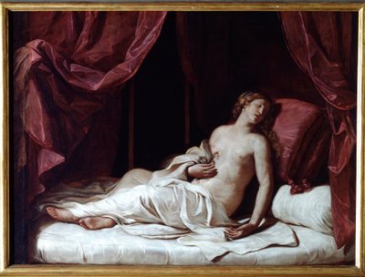 Kuningatar Kleopatran kuolema Muinaisen Egyptin kuningattaren Thea Philopatorin (69-30 eKr.) itsemurha - (Kuningatar Kleopatran kuolema) Guercinon maalaus (Giovan Francesco Barbieri) (Guerchin) (1591-1666) (1591-1666) Di2m 374x cm Genes, Musei di Strada tekijältä Guercino