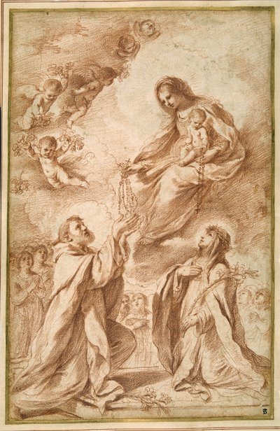 "Madonna del Rosario" Pyhän Dominicin ja Pyhän Katariina Sienan kanssa (punainen liitu paperille) tekijältä Guercino