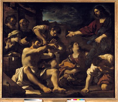 Lasaruksen ylösnousemus. Giovanni Francesco Barbieri Guerchin dit Il Guercinon (1591-1666) maalaus. 1619 Su. 2,01 x 2,33 m tekijältä Guercino