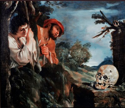 Arcadia Miesten paimenet Kreikan Peloponnesoksen saaren haudan ympärillä. Giovanni Francesco Barbieri Guerchinin maalaus (Vanita) Il Guercinossa (1591-1666) 1618 Rooman ympärillä, Galleria Corsini tekijältä Guercino