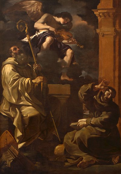 Pyhä Benedictus ja Pyhä Franciscus kuuntelemassa muusikkoenkeliä. tekijältä Guercino