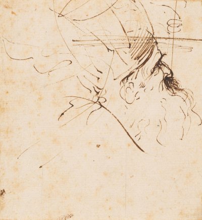 Luonnos mitraa käyttävän ja oikealle ylös katsovan papin päästä tekijältä Guercino