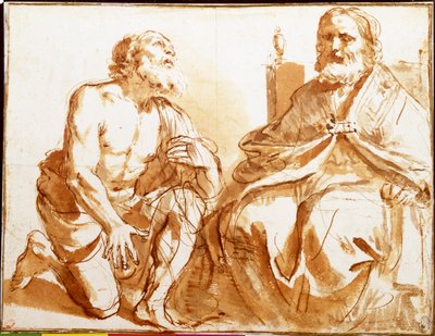Istuva piispa ja polvistuva pyhimys tekijältä Guercino