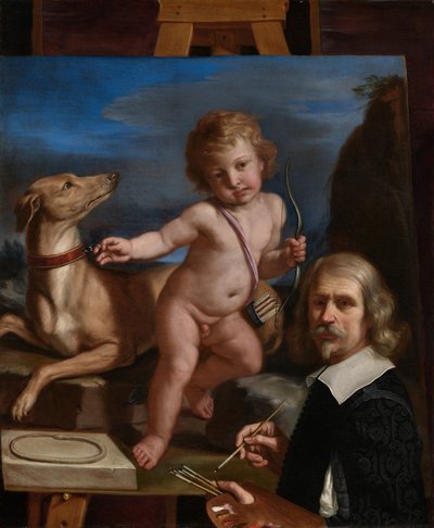 Omakuva "Amor Fedele" -maalausta vasten tekijältä Guercino