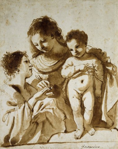 Pyhän Katariinan mystinen avioliitto, 1618-19 (kynä ja ruskea muste, ruskealla tussilla ja mustalla liidulla tehdyillä merkinnöillä valkoiselle paperille). tekijältä Guercino