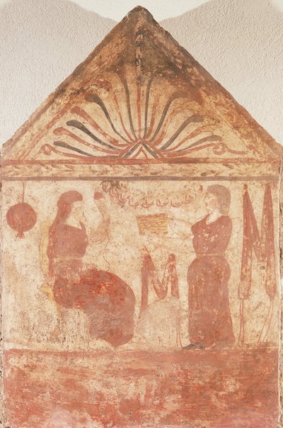 Maalattu hautakivi, jossa nainen istuu valtaistuimella pyörimässä, Andriuolo-Laghetto Paestumista Campaniasta Italiasta tekijältä Guglielmo Bilancioni