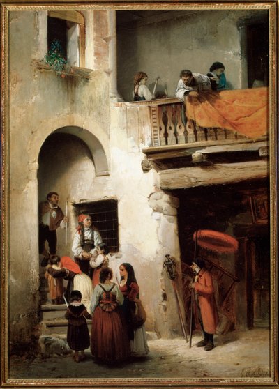 Äärimmäinen univa, perhe odottaa kuolevaisen miehen talon ulkopuolella Guglielmo Castoldin (1823-1882) maalaus 1858 Koko 89x64 cm Genes, Galleria d