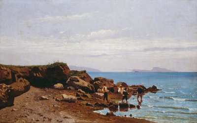 Kalastajat Napolin rannikolla, taustalla Caprin saari, Guglielmo Ciardi (1842-1917), öljy kankaalle, 47,5x76,5 cm tekijältä Guglielmo Ciardi