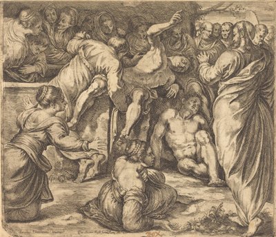 Lasaruksen herättäminen tekijältä Guglielmo Cortese after Tintoretto