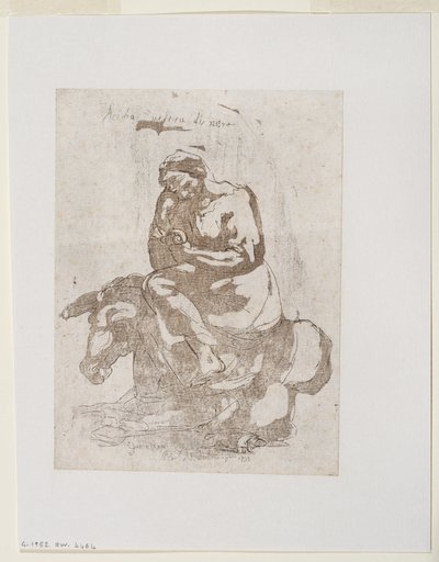 Acidia vestita di nero - Aasin selässä istuva laiskiainen, noin 1793 (mustavedos ja akvatintta). tekijältä Guido (after) Reni