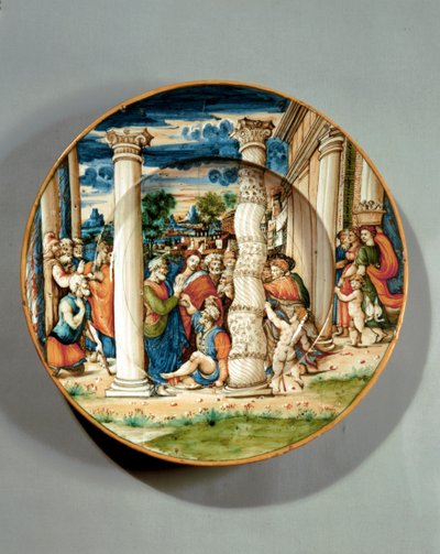 Astia, jossa Pietari ja Johannes parantavat ontuvan miehen temppelissä, n. 1540-50 (maiolika). tekijältä Guido Di (workshop of) Merlino