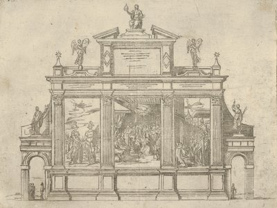 Voittomonumentin julkisivu, jossa on kolme kohtausta, jotka kuvaavat paavi Klemens VIII:n tekoja, vuonna 1598. tekijältä Guido Reni