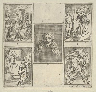 Viisi numeroitua kohtausta, jokainen Accademia Degli Incamminatin taidemaalarin mukaan elokuvasta IL FUME..., 1603. tekijältä Guido Reni