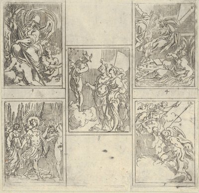 Viisi numeroitua kohtausta, jokainen Accademia Degli Incamminatin taidemaalarin mukaan elokuvasta IL FUME..., 1603. tekijältä Guido Reni