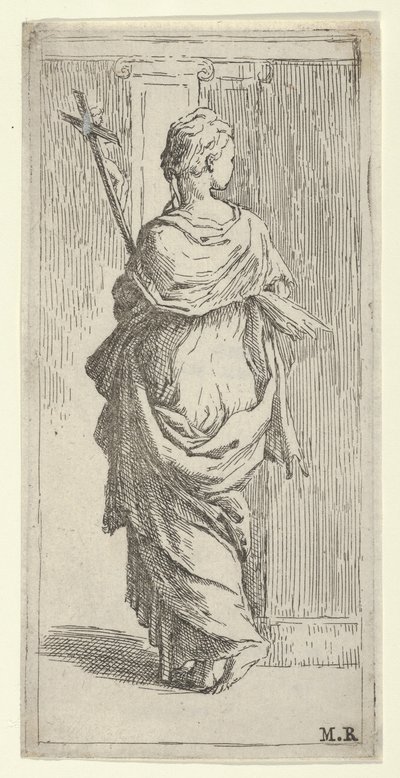 Tyttö kantaa krusifiksia ja astumassa kohti pilasteria takaa katsottuna, n. 1590-1600. tekijältä Guido Reni