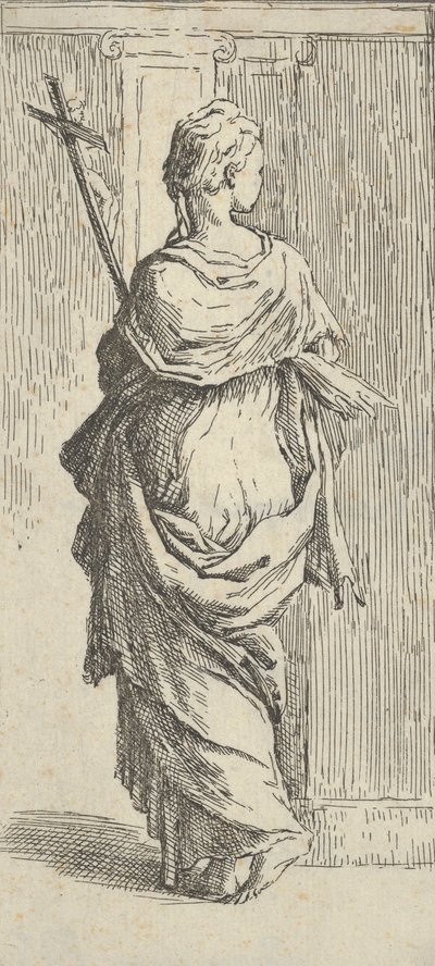 Tyttö kantaa krusifiksia ja astumassa kohti pilasteria takaa katsottuna, n. 15..., n. 1590-1600. tekijältä Guido Reni
