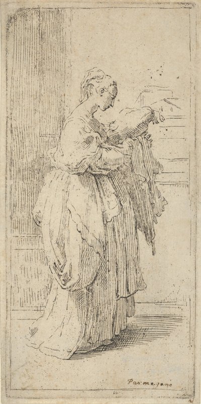 Tyttö kantaa tyynyä, nähty profiilissa oikealle, 1590-1690. tekijältä Guido Reni