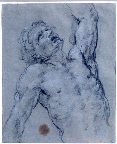 Puolikas alaston miehen hahmo, kääntyy taaksepäin, teeskentelee kärsivänsä Guido Renin musta kivipiirros nimeltään Opas (1573-1642). Aurinko 0,26x0,21 m Pariisi, musee du Louvre tekijältä Guido Reni