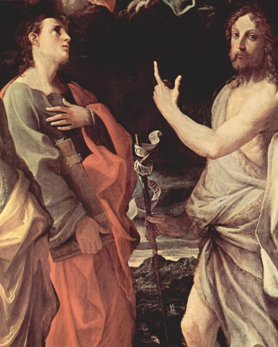 Italian kieli: Neitsyt Marian kruunajaiset ja pyhät Johannes evankelista, Johannes Kastaja, Bernard ja Katariina Aleksandrialainen, Yksityiskohta: Johannes evankelista ja Johannes Kastaja. tekijältä Guido Reni
