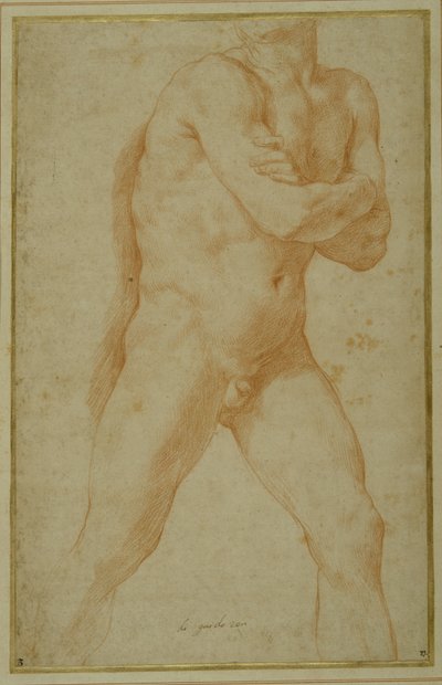 Alaston mies astuu eteenpäin, kädet ristissä ja katsoo tämän oikean olkapään yli (punainen liitu kermapaperilla) tekijältä Guido Reni