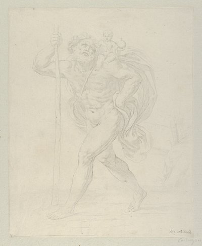 Pyhä Christopher kävelee Kristus-lapsen kanssa vasemmalla olkapäällään, vastapro..., n. 1600-1640. tekijältä Guido Reni