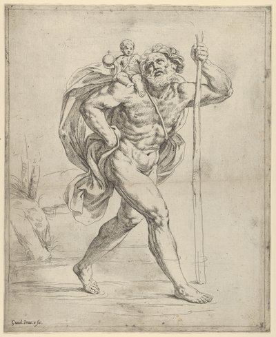 Pyhä Christopher kävelee Kristus-lapsen kanssa oikealla olkapäällään, n. 1600-1640. tekijältä Guido Reni