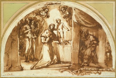 Pyhä Franciscus jumaloi lapsen Kristusta (punainen liitu, kynä ja ruskea muste, ruskea pesu) tekijältä Guido Reni