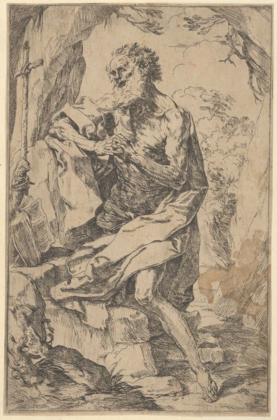 Pyhä Hieronymus polvillaan kalliolla ristin edessä ja avoin kirja vasemmalle,..., n. 1600-1640. tekijältä Guido Reni
