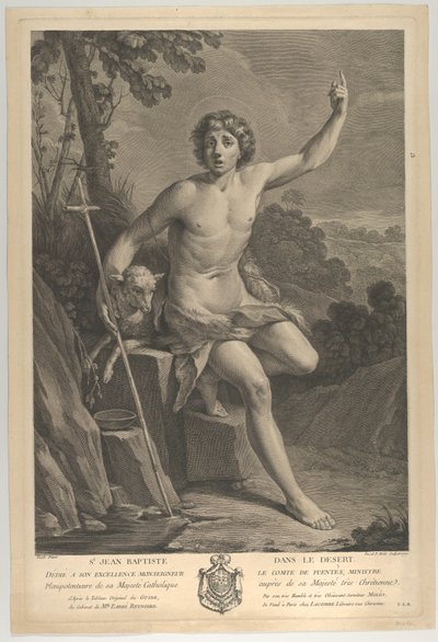 Pyhä Johannes Kastaja erämaassa, istuu kalliolla ja osoittaa ylöspäin vasemmalla h..., 1770 tekijältä Guido Reni