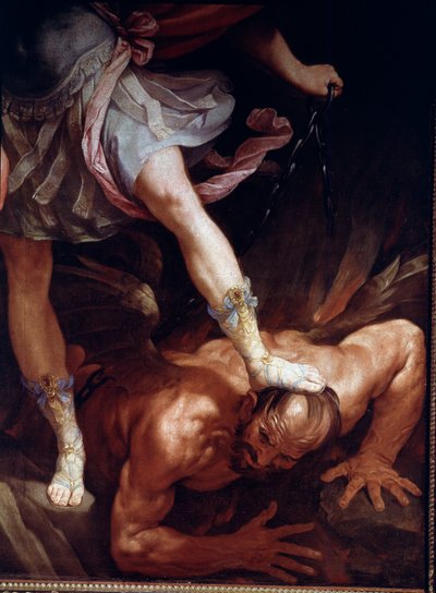 Pyhä Mikael murskaa demonin pään. Yksityiskohta sandaalikengistä (Silk Painting tekijältä Guido Reni