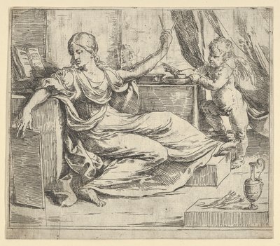 Istuva nainen pitelee tablettia ja kompassia allegoria oppimisesta, siivekäs putto ..., n. 1600-1640. tekijältä Guido Reni