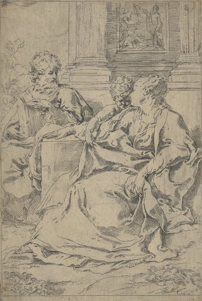 Pyhä perhe istui yhdessä kolonadin edessä, Pyhä Joosef lukee ja..., n. 1590-1610. tekijältä Guido Reni