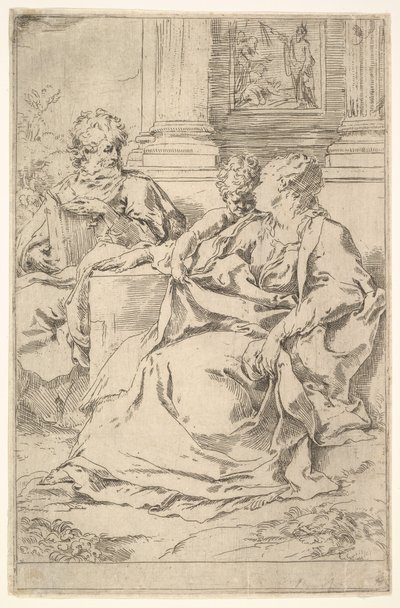 Pyhä perhe Raamatun kohtauksella taustalla. tekijältä Guido Reni