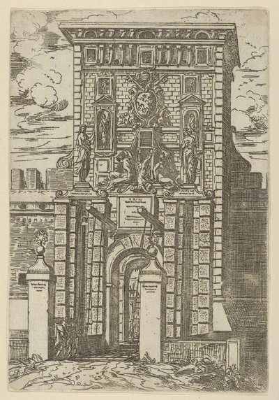 Porta Galliera, Bolognan sisäänkäynnin portti ja laskusilta väliaikaisilla koristeilla..., 1598. tekijältä Guido Reni