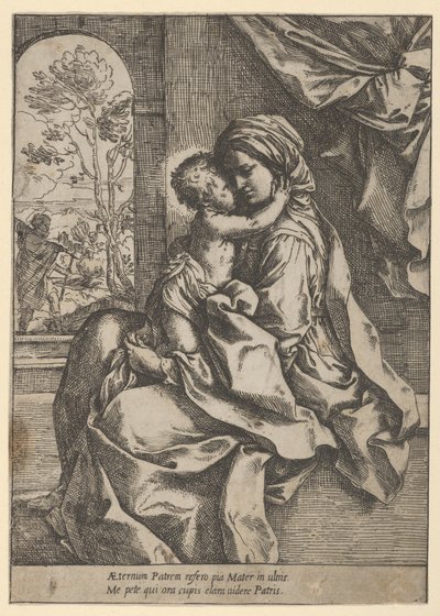 Neitsyt istuu Kristuslapsi sylissään syleilemässä häntä, Joosef näki..., n. 1600-1613. tekijältä Guido Reni